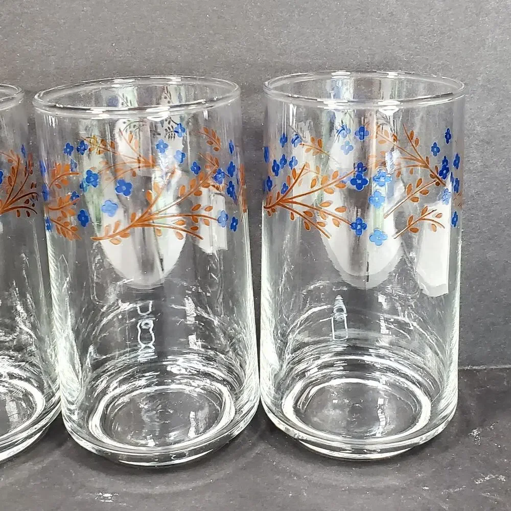 Vtg Termocrisa Lot of 4 Blue Forget Me Not Drinking Glasses Tumblers 4 3/4”